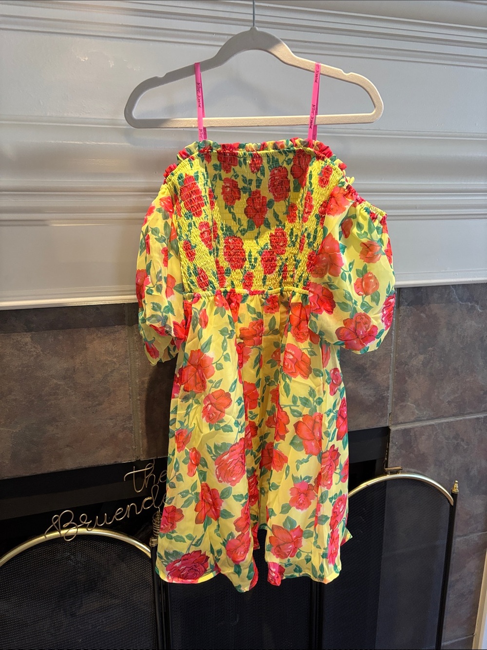 Betsey Johnson Yellow Floral Smocked Dress with Pink Straps